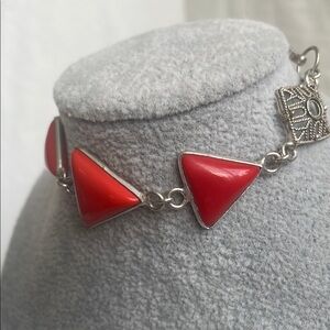 Vibrant Red Triangle coral Gemstone Silver Chain Bracelet